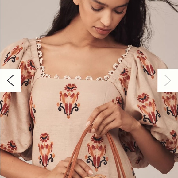 FARM Rio Puff-Sleeve Linen Embroidered Macaw Midi Dress - Picture 3 of 6